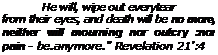 Text Box: He will, wipe out everytear
from their eyes, and death will be no more, neither will mourning nor outcry :nor pain - be.anymore." Revelation 21':4